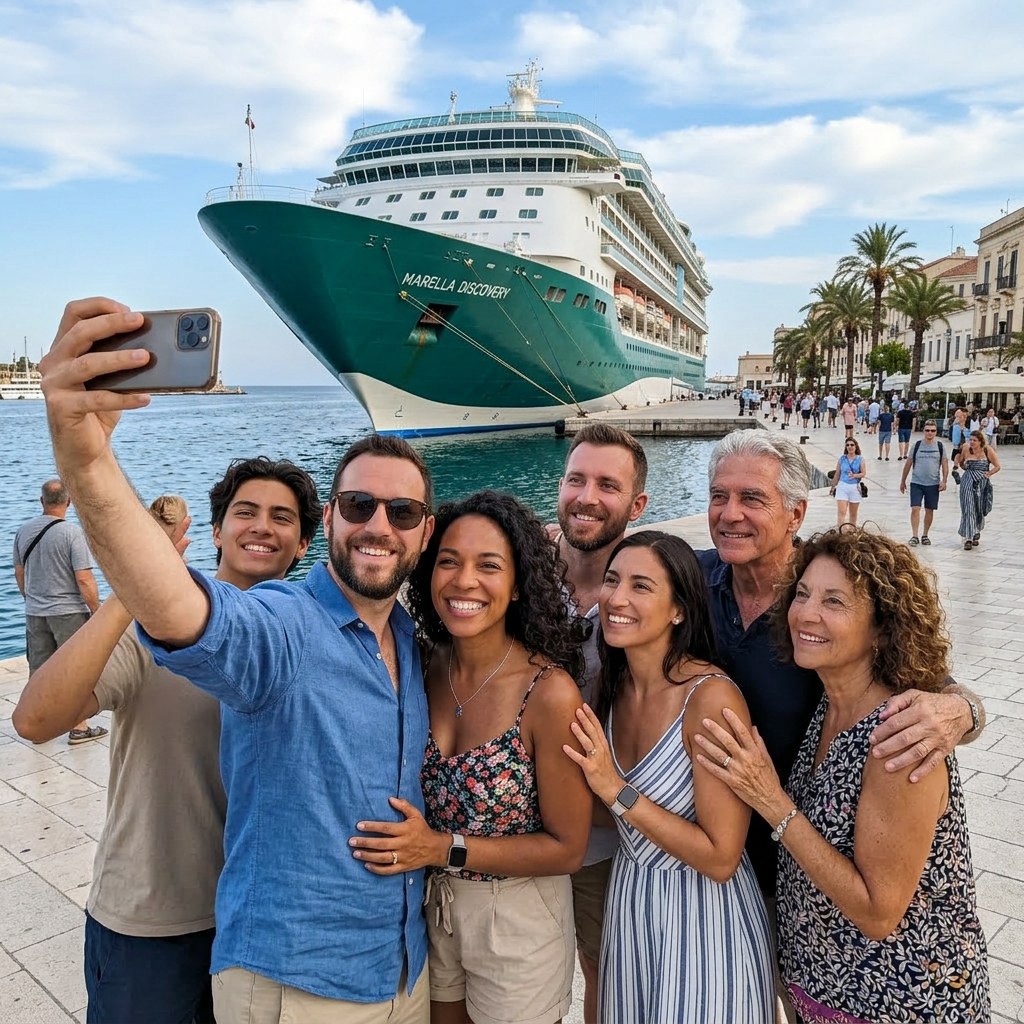 Smiling couple taking a selfie at a port with a cruise ship behind them; coastal view of Santorini with cruise ship and white buildings