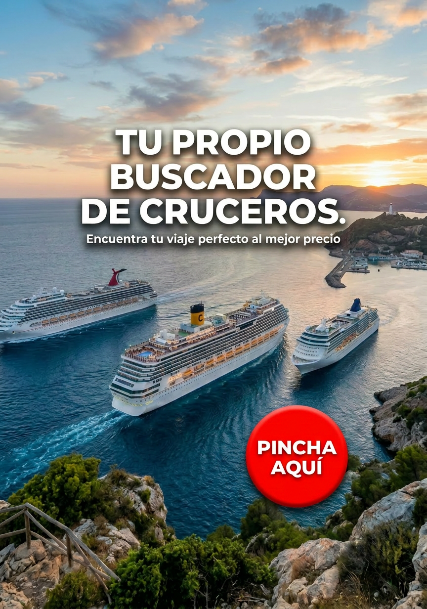 Three cruise ships entering a harbor at sunset with surrounding hills and calm sea.